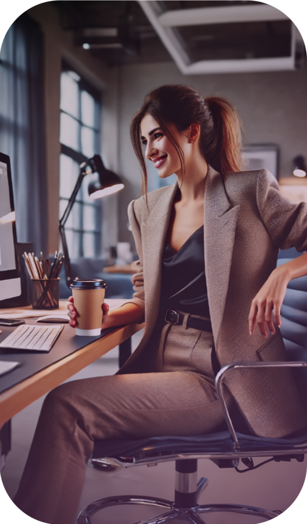 Business woman smiling at her computer